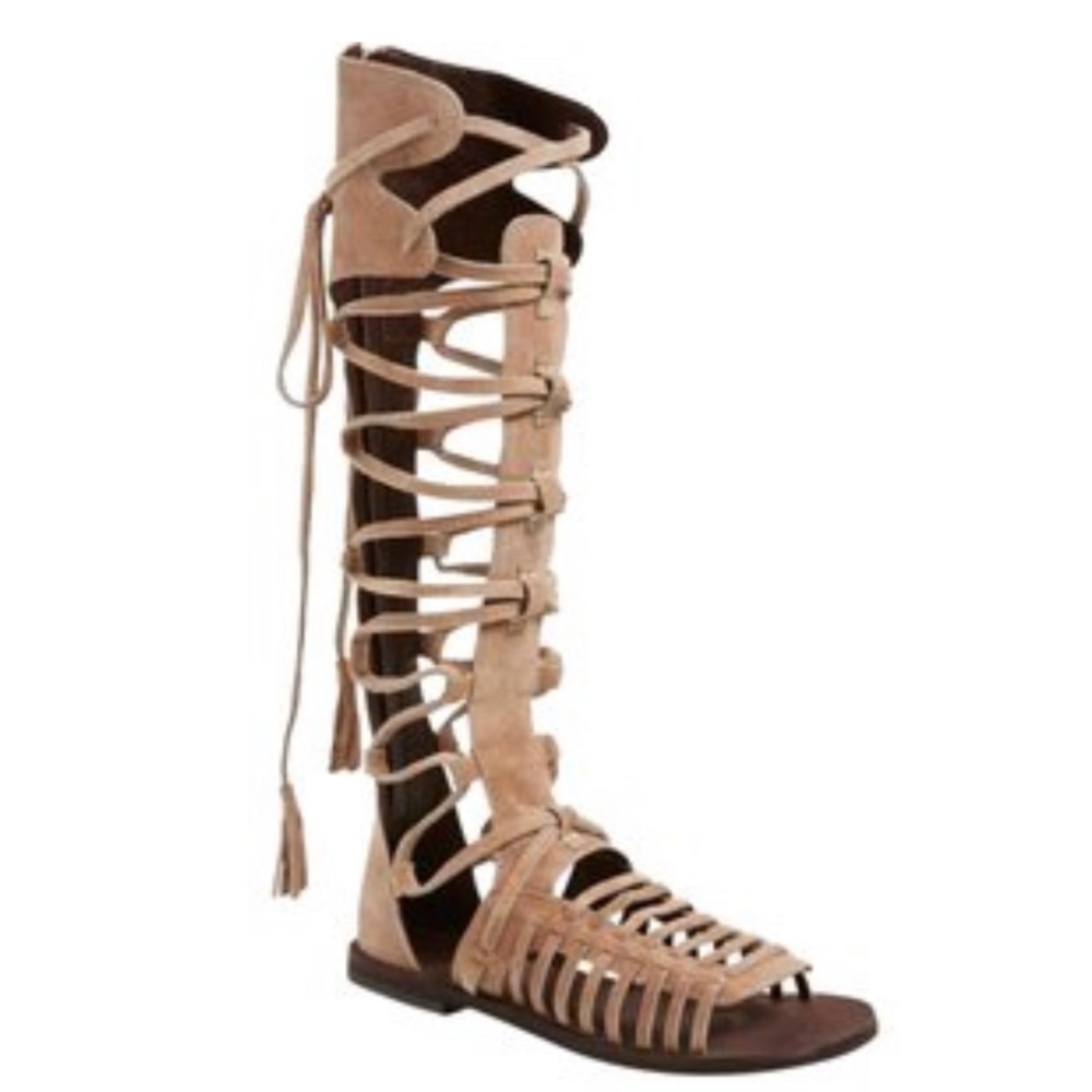 Tall “sun seeker” Free People gladiator sandal in natural suede